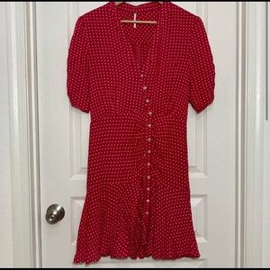 Free People | Red Polka Dot Retro Dress W/ Asymmetrical Button Front | Medium.